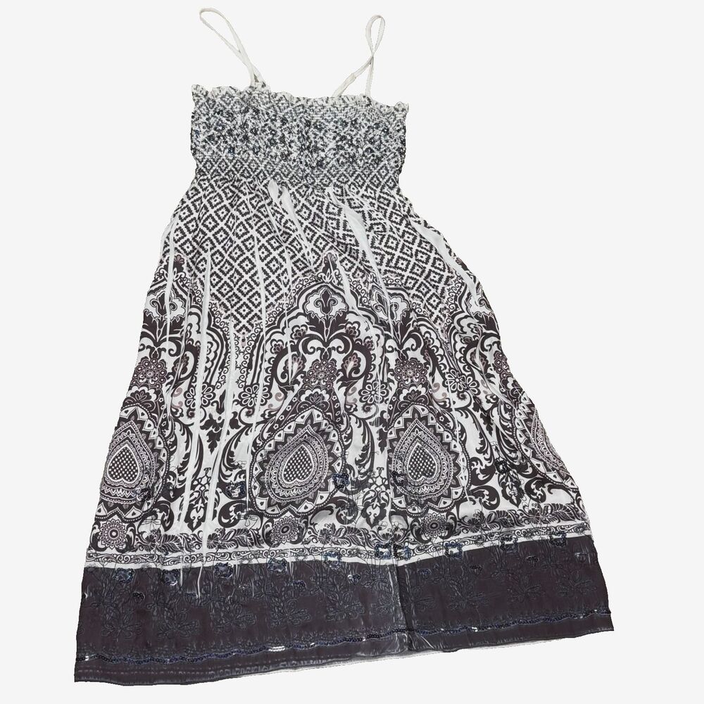 Anthropologie Lapis Boho Midi Dress Smocked Strappy White Purple Sequin One Size